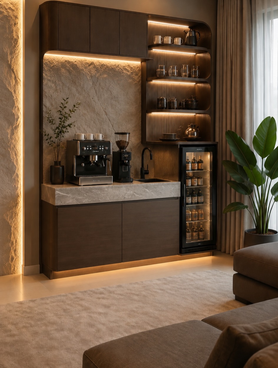 Coin café sur mesure avec éclairage LED doux, plan en pierre et cave à vin intégrée — réalisation DARNÉO Agadir