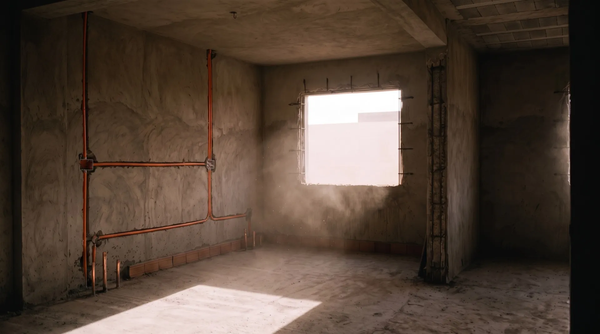 Chantier en cours, réseaux techniques posés dans un logement en construction à Agadir