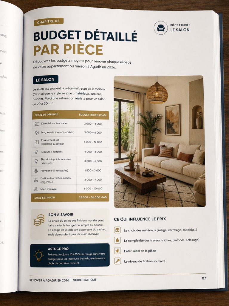 Aperçu PDF : chapitre budget détaillé par pièce, exemple salon avec tableau des postes en dirhams.