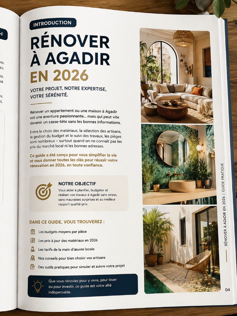 Aperçu PDF : page d’introduction du guide rénovation 2026, objectifs et sommaire visuel.