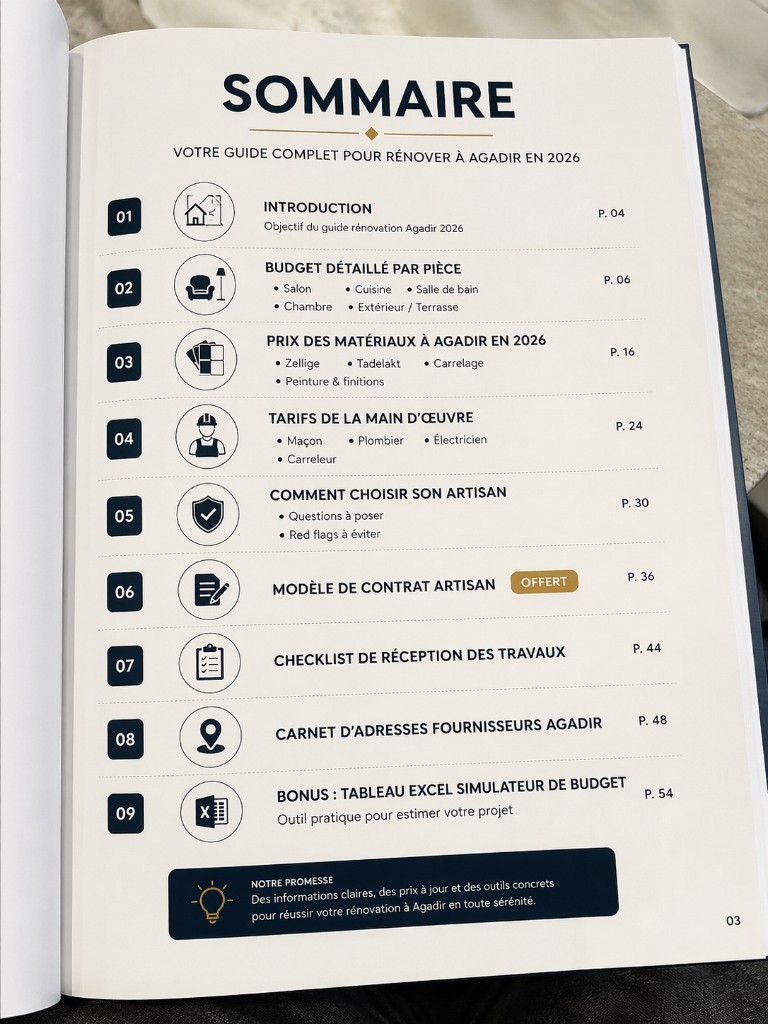 Aperçu PDF : page sommaire du guide avec la liste des chapitres et numéros de page.