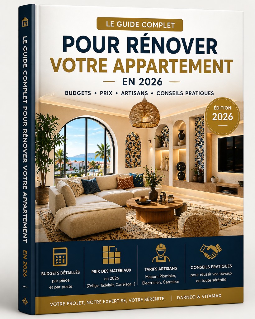 Couverture 3D du guide 2026 « Pour rénover votre appartement » : budgets, prix matériaux, tarifs artisans et conseils — DARNÉO & VITAMAX.