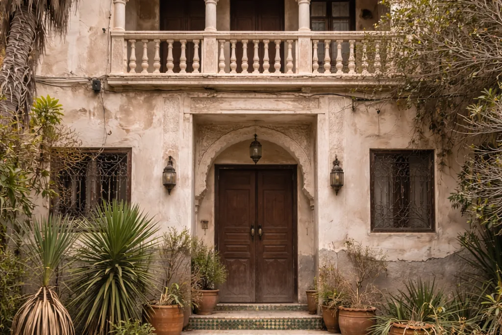 Façade d'une maison familiale traditionnelle avec arcades et jardin au Maroc