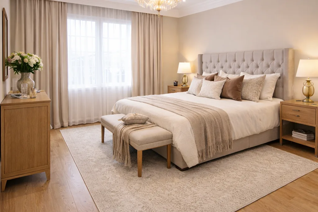 Chambre lumineuse d'un appartement meublé prêt à être loué au Maroc
