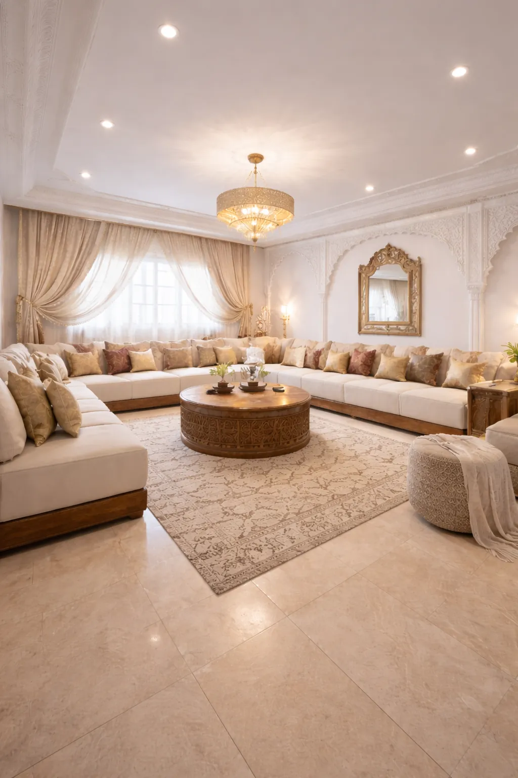 Finitions après chantier de construction à Agadir : salon aménagé, lumière et intérieur soigné, DARNÉO