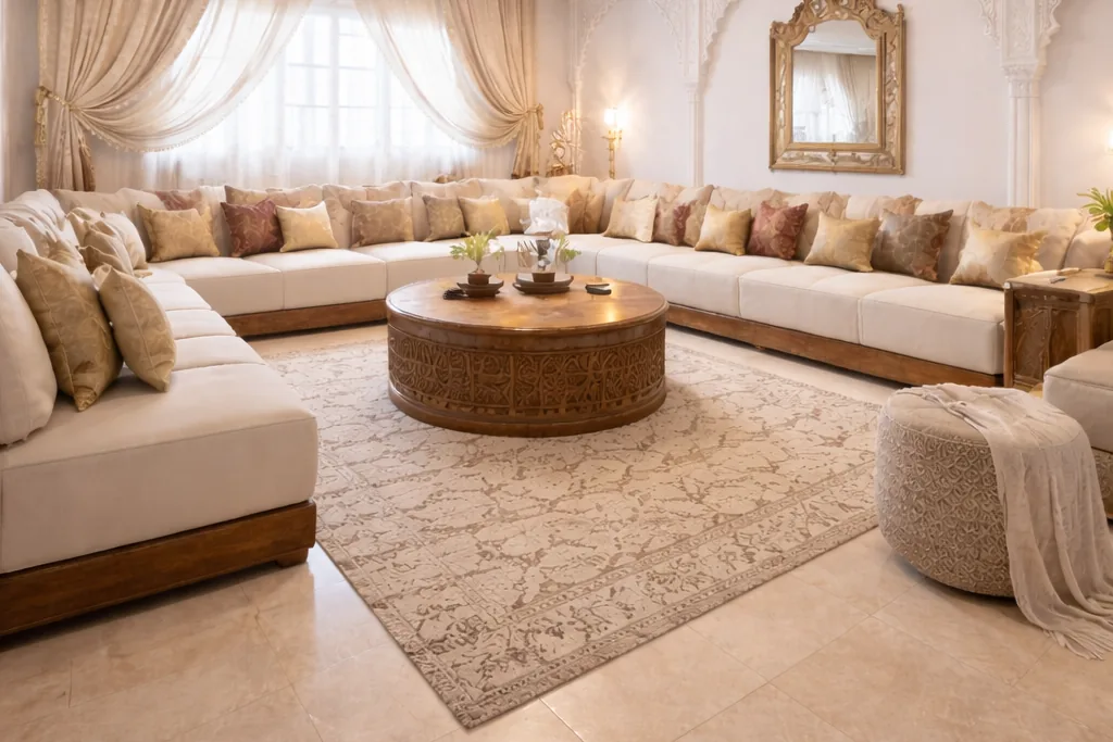 Salon lumineux d'un appartement habité au Maroc, canapés et tapis