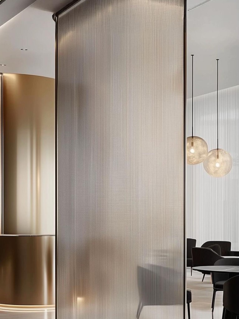 Réception luxueuse avec cloisons en verre texturé et suspensions sphériques, aménagement intérieur moderne au Maroc