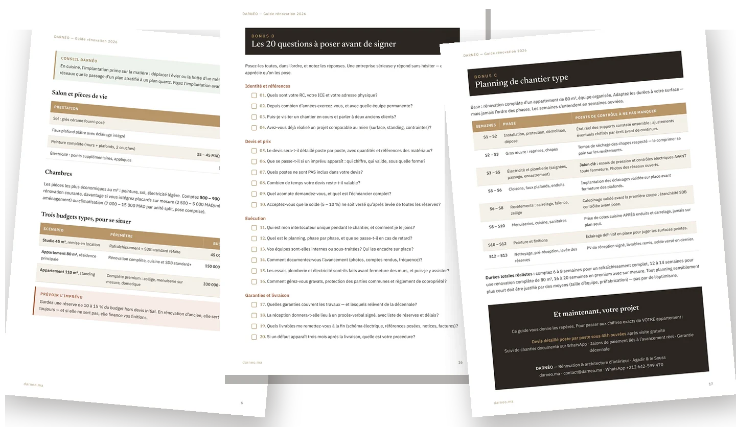 Aperçu du guide DARNÉO : trois pages en éventail (couverture, budget et grille de prix)