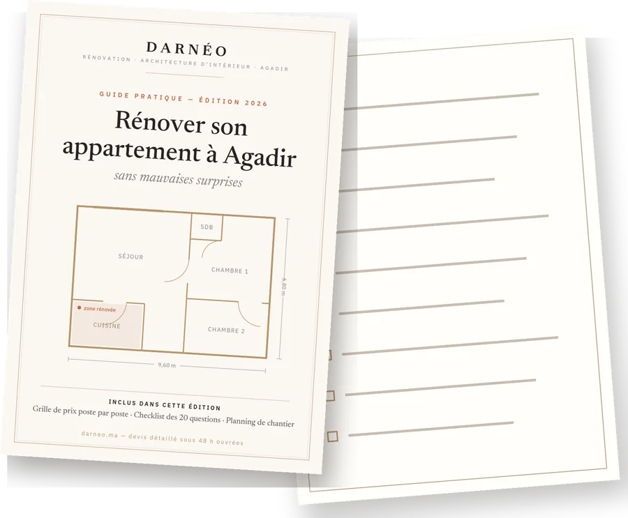 Guide PDF DARNÉO : rénover son appartement à Agadir, avec grille de prix, checklist et planning de chantier